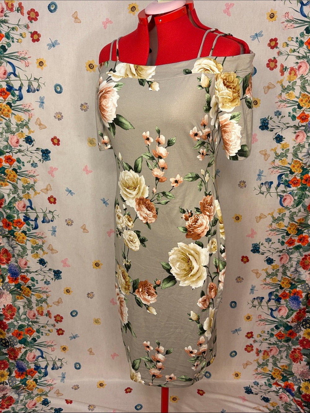 Haute Monde - Taupe Floral Midi Dress with Cream & Peach Blooms